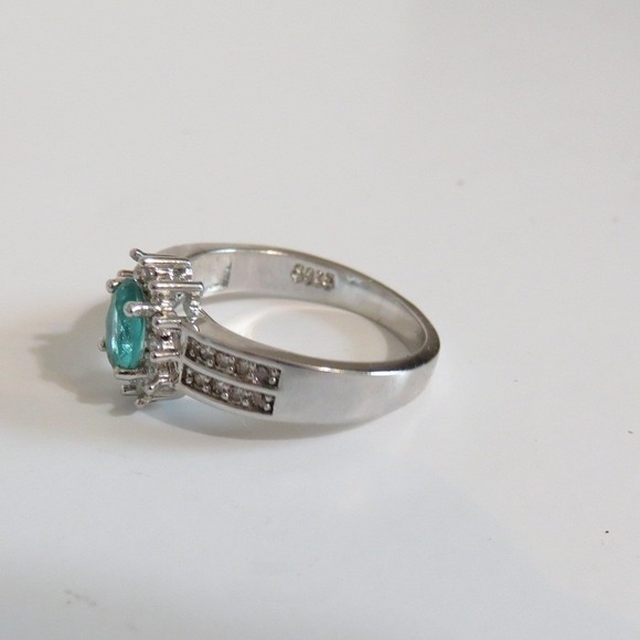 Sterling‎ Silver 925 Blue Stone & Cubic Zirconia Halo Ring Size 9 - Picture 5 of 8